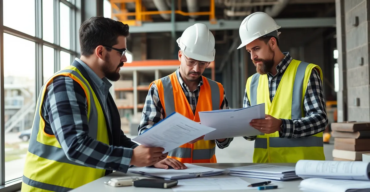 Construction professionals reviewing environmental impact reports and insurance premiums