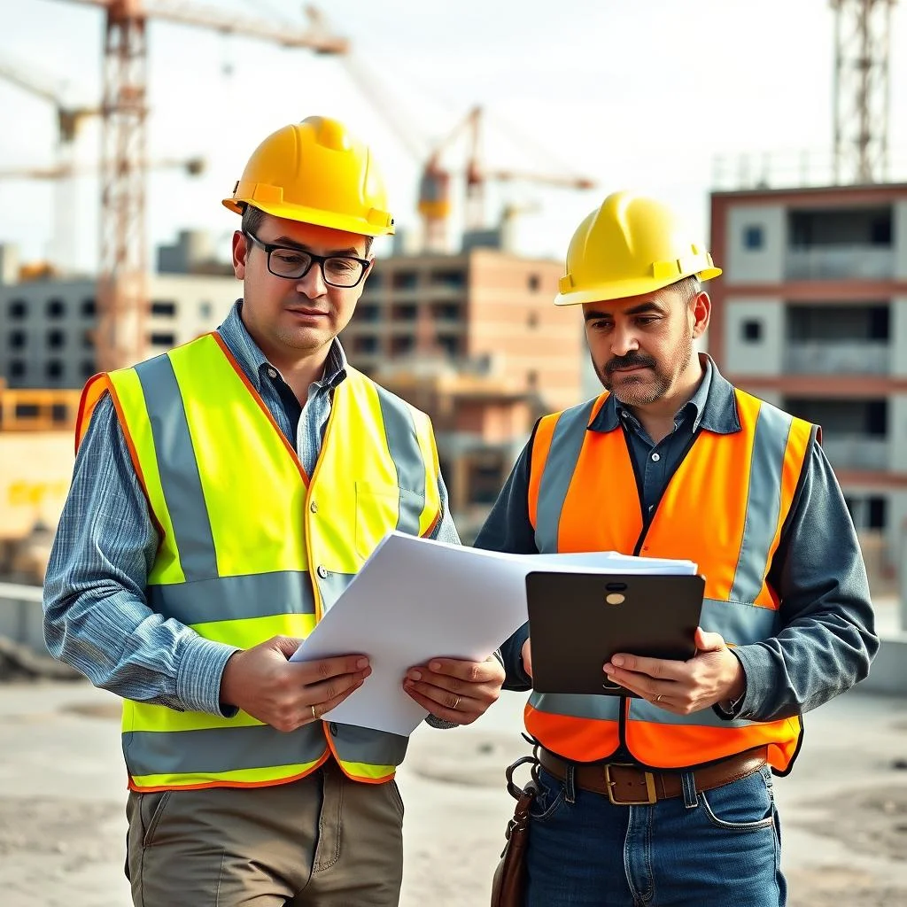 Construction project manager reviewing environmental compliance documents with inspector