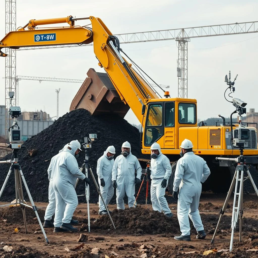 Environmental cleanup crew removing contaminated soil at construction site
